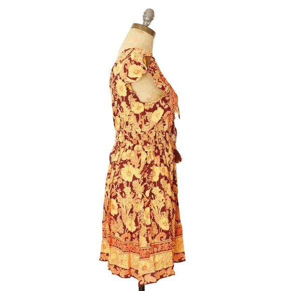 NOSTALGIA Mixed Floral Boho Dress S Printed Orange Tassels Flutter Sleeve NWT B5 - Picture 3 of 6